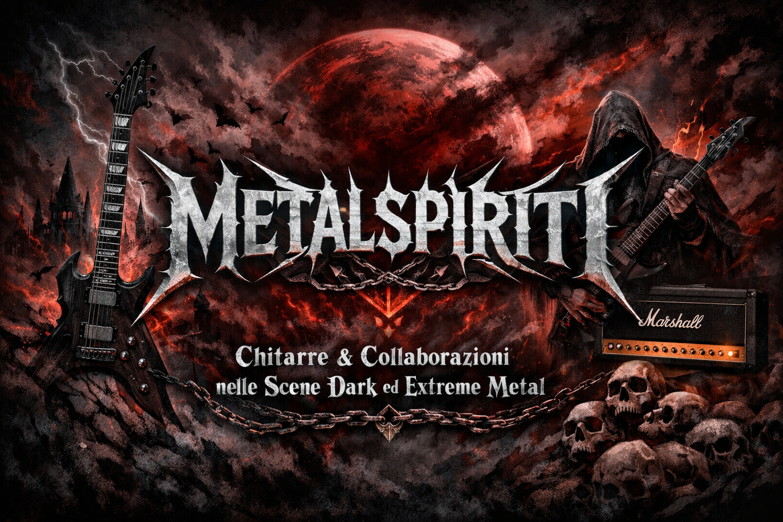 chitarra metal estremo Metalspiriti logo header showcasing dark and extreme metal guitar culture, collaboration, and heavy amplification. lezioni chitarra metal